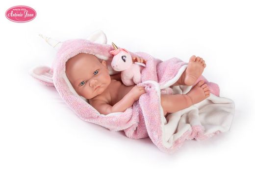Antonio Juan Nica Neugeborenenpuppe mit Umhang und Plüscheinhorn, 42 cm