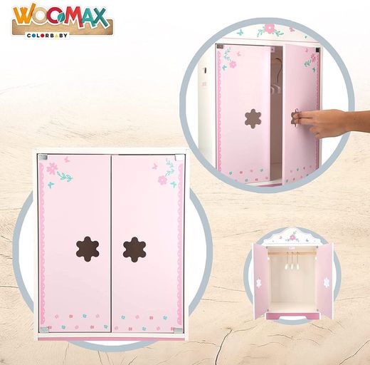 Woomax Puppenkleiderschrank aus Holz mit Kleiderbügeln