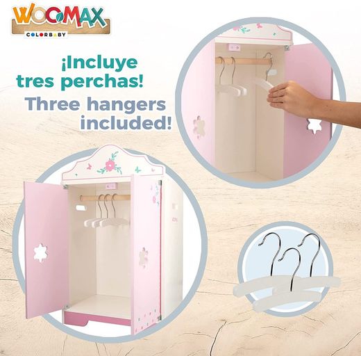 Woomax Puppenkleiderschrank aus Holz mit Kleiderbügeln