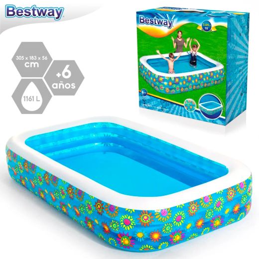 Bestway 54121 Floral Rectangular Inflatable Family Pool, 305 cm