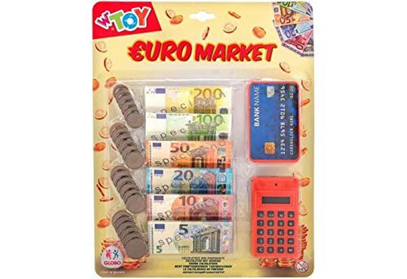 Monedas y billetes con calculadora y tarjeta de juguete