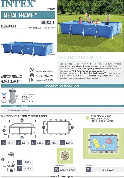 Intex 28274NP Rechteckiger kleiner Rahmenpool zum Aufstellen (450 x 220 x 84 cm) mit Filterpumpe
