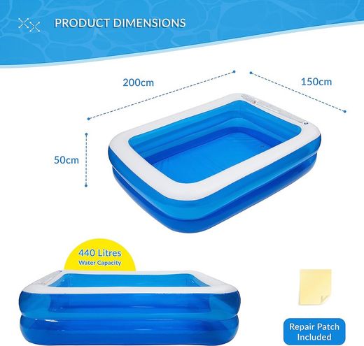 Sun Club Rechteckiger aufblasbarer Familienpool 200 cm x 150 cm x 50 cm
